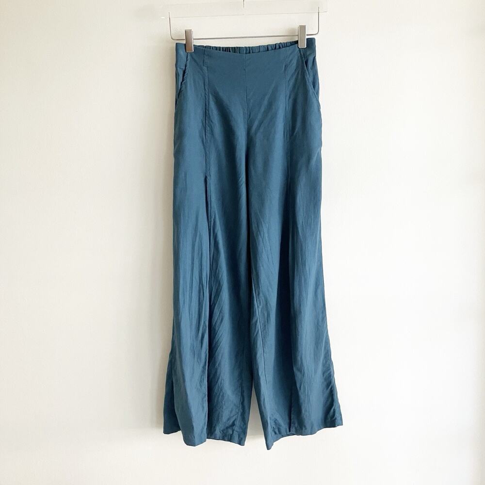 H/G Split Front Pants Womens Sz Small Linen Blend Blue High Rise Wide Leg Slit - Picture 3 of 7